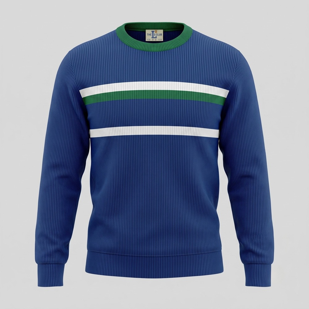 Number One Sun Mens Large Blue Sweater Knit Pullover Vintage Striped Crew Neck